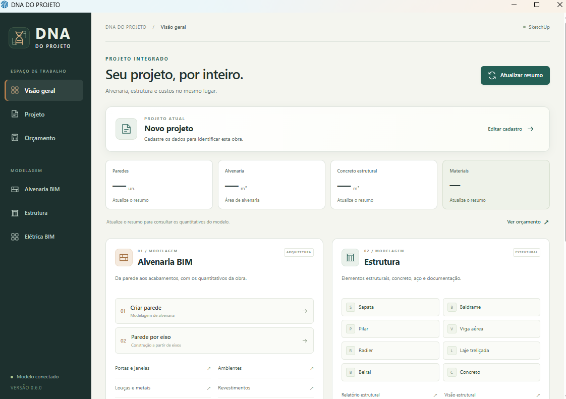 Interface real do DNA do Projeto no SketchUp, com Alvenaria BIM, Estrutura, Elétrica BIM e orçamento