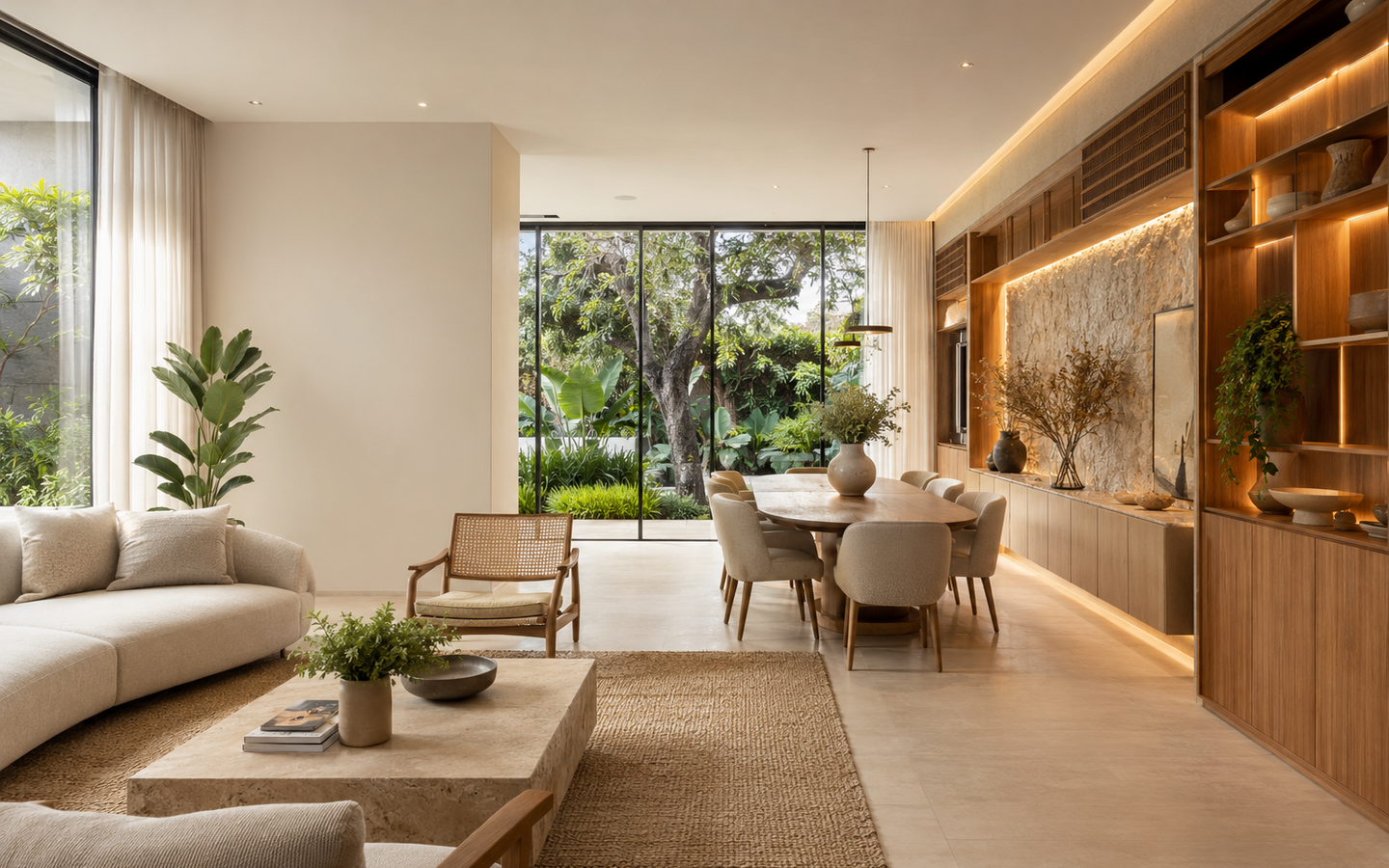 Sala de estar e jantar contemporânea projetada em visualização fotorrealista