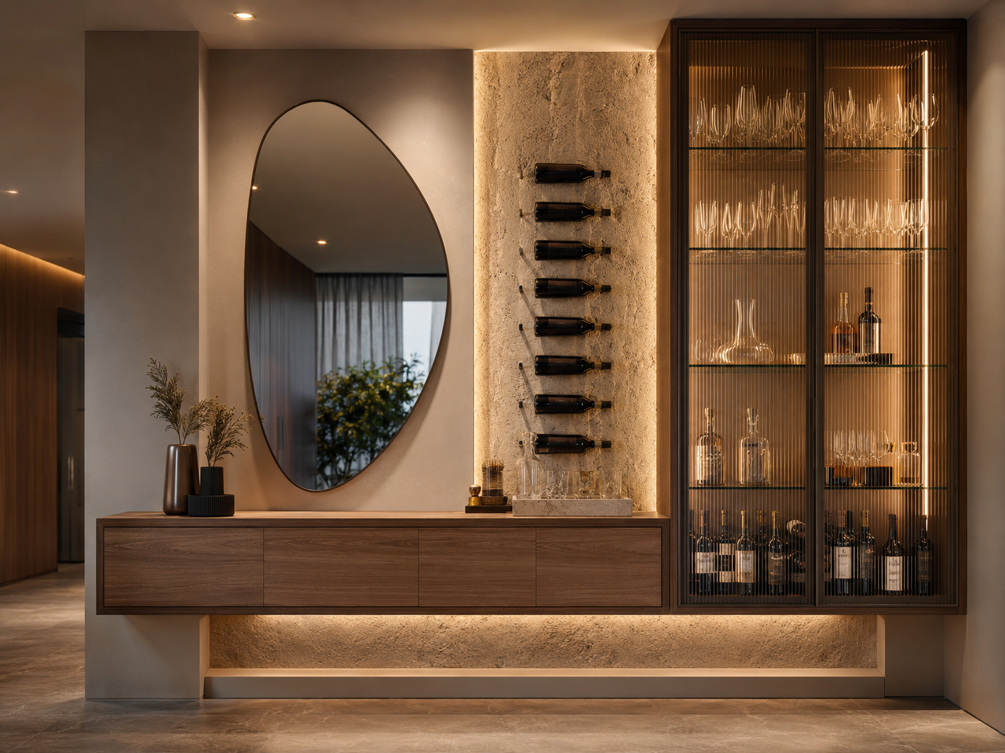 Bar e adega residencial com pedra natural e cristaleira iluminada