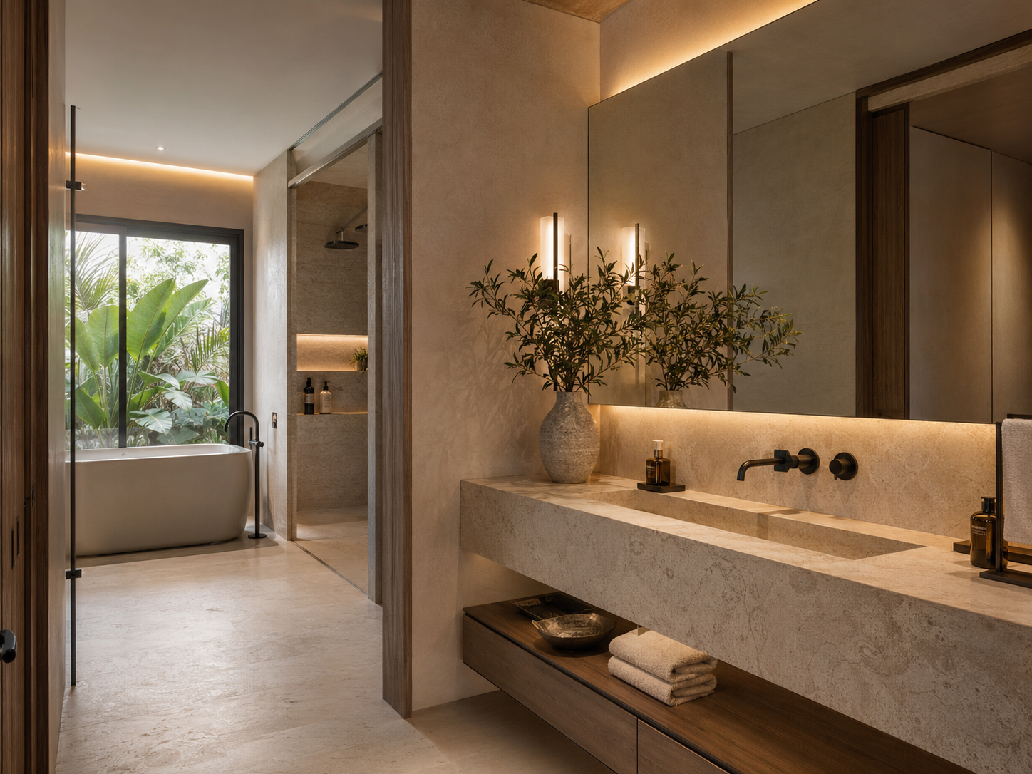 Banheiro e lavabo sofisticados com pedra natural e iluminação quente