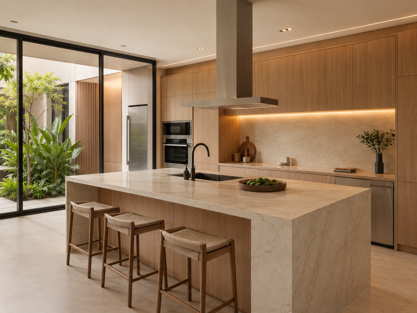 Cozinha contemporânea apresentada em visualização fotorrealista para orientar escolhas durante a obra