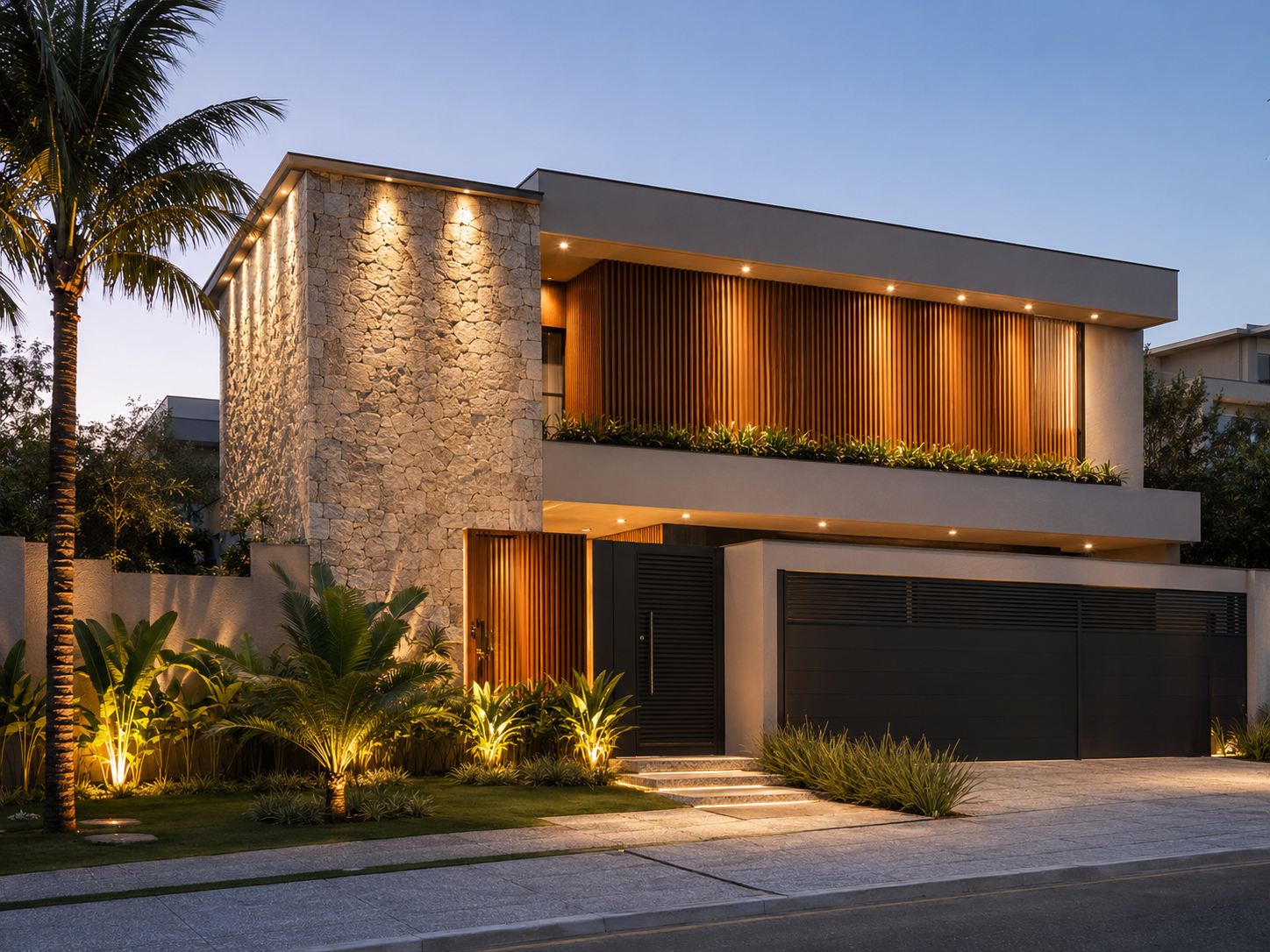 Fachada residencial contemporânea com pedra, madeira e iluminação quente