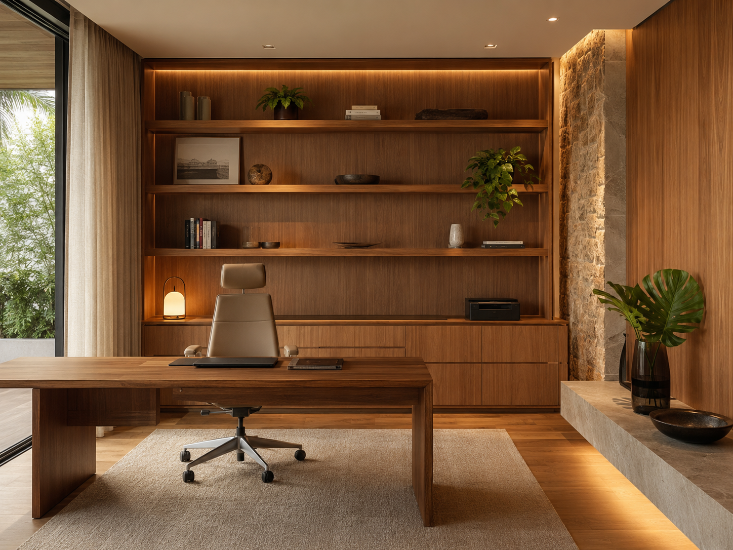 Escritório residencial elegante com marcenaria planejada