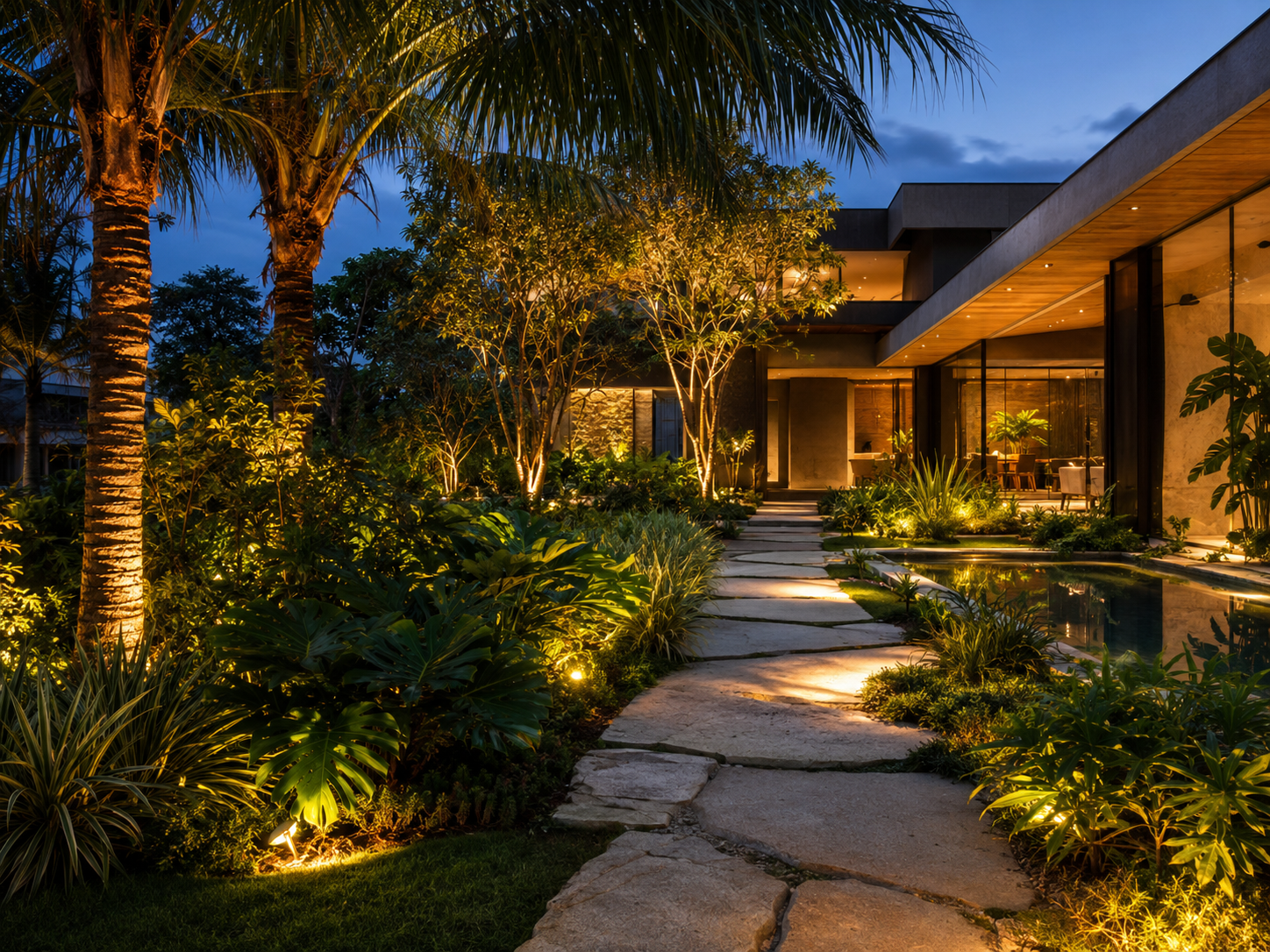 Paisagismo residencial tropical com caminho de pedra e iluminação cênica